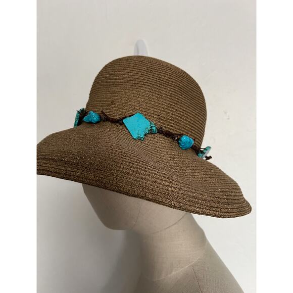 Kokin Straw Sun Hat Turquoise Bendable Brim Tan Summer Resort Vacation main image 4